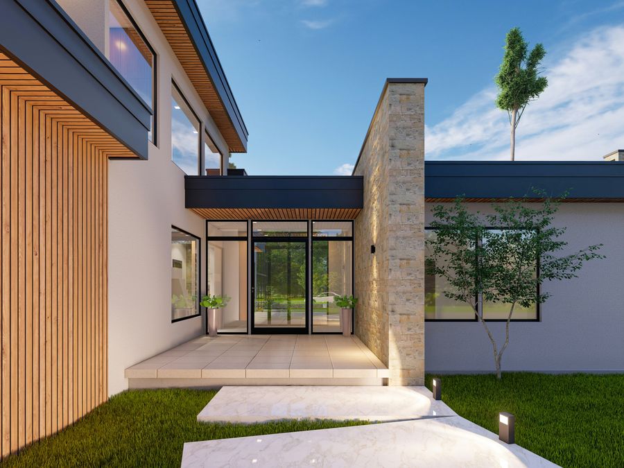 Modern home entrance with natural materials
