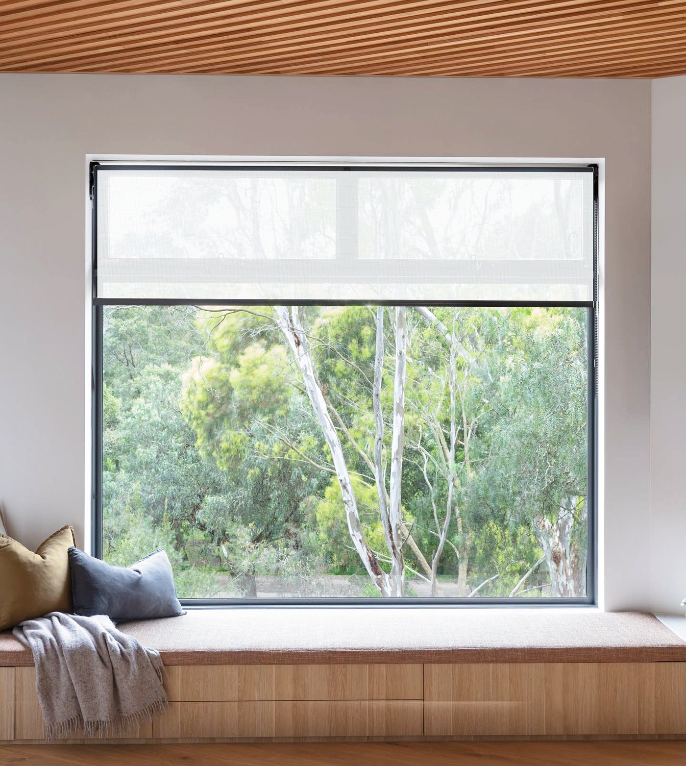 Roller sunscreen blind in a double-height living space